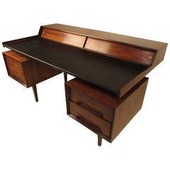 Milo Baughman Sculptural Mahogany and Leather Desk with Floating Drawers