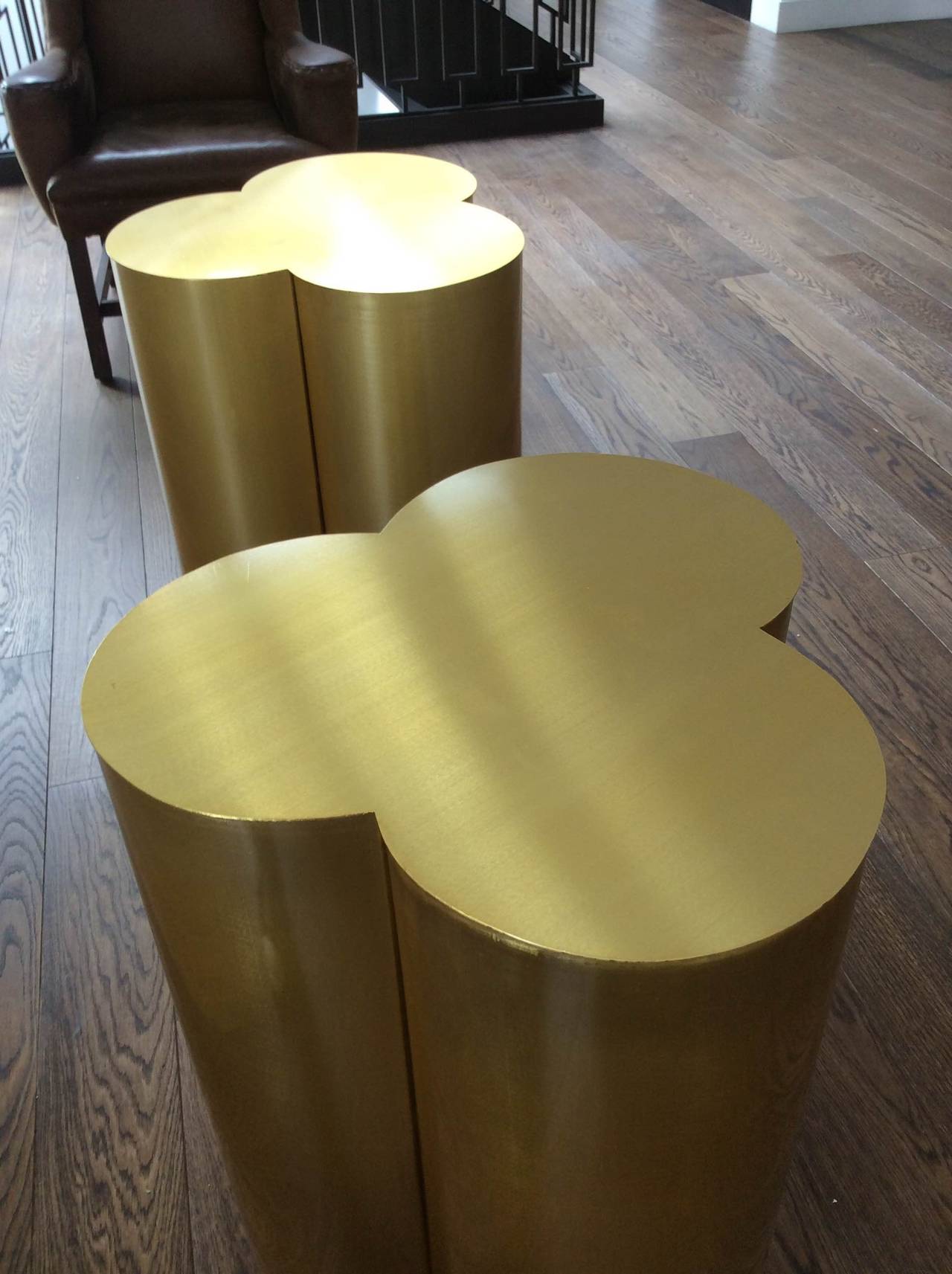American Custom Trefoil Dining Table Pedestal Bases in Polished Brass
