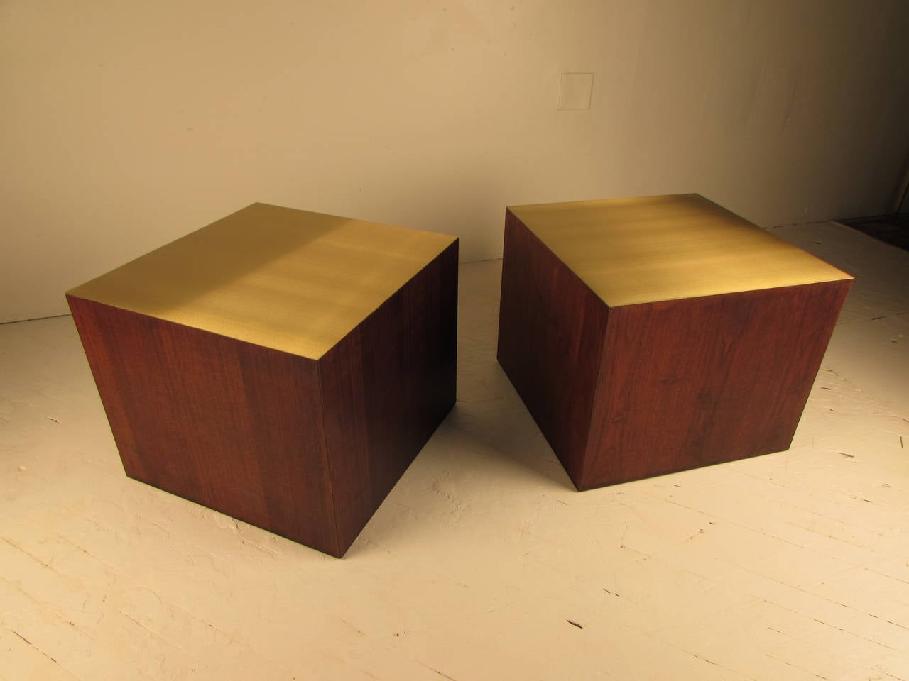 Handsome Harry Lunstead (Seattle) brass and walnut cube tables. New solid brass tops sit on beautifully grained walnut bases. A clean, sleek design utilizing simple, gorgeous materials, always in style! Would also work well pushed together as a