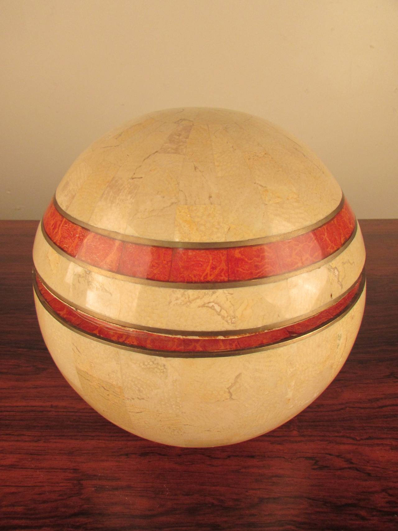 Maitland-Smith Tessellated Marble, Red Coral and Brass Spherical Large Box 1