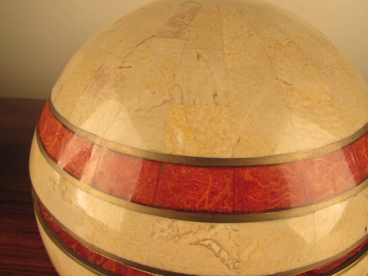 Maitland-Smith Tessellated Marble, Red Coral and Brass Spherical Large Box 2