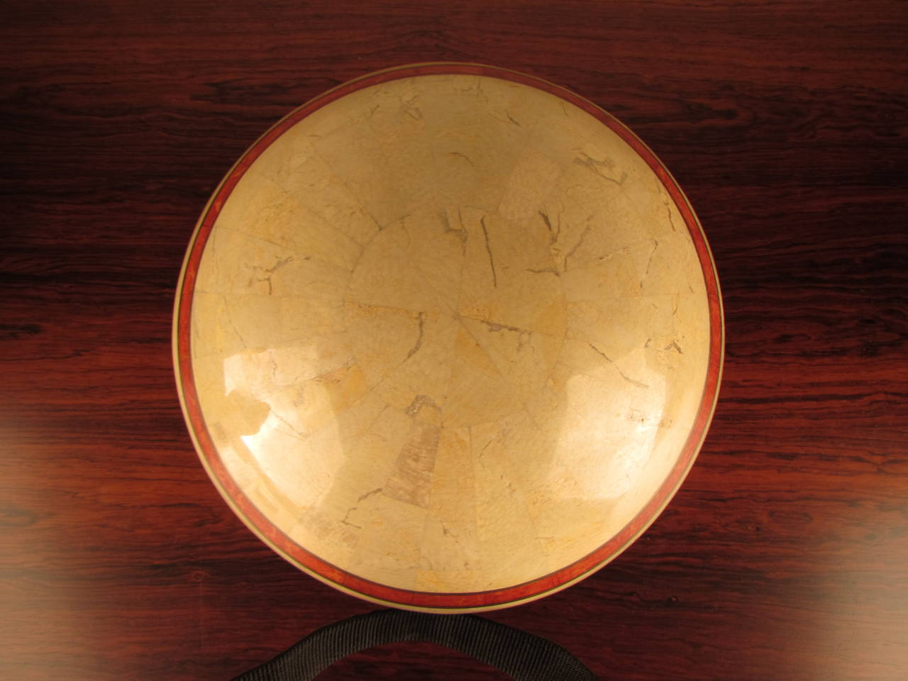 Modern Maitland-Smith Tessellated Marble, Red Coral and Brass Spherical Large Box