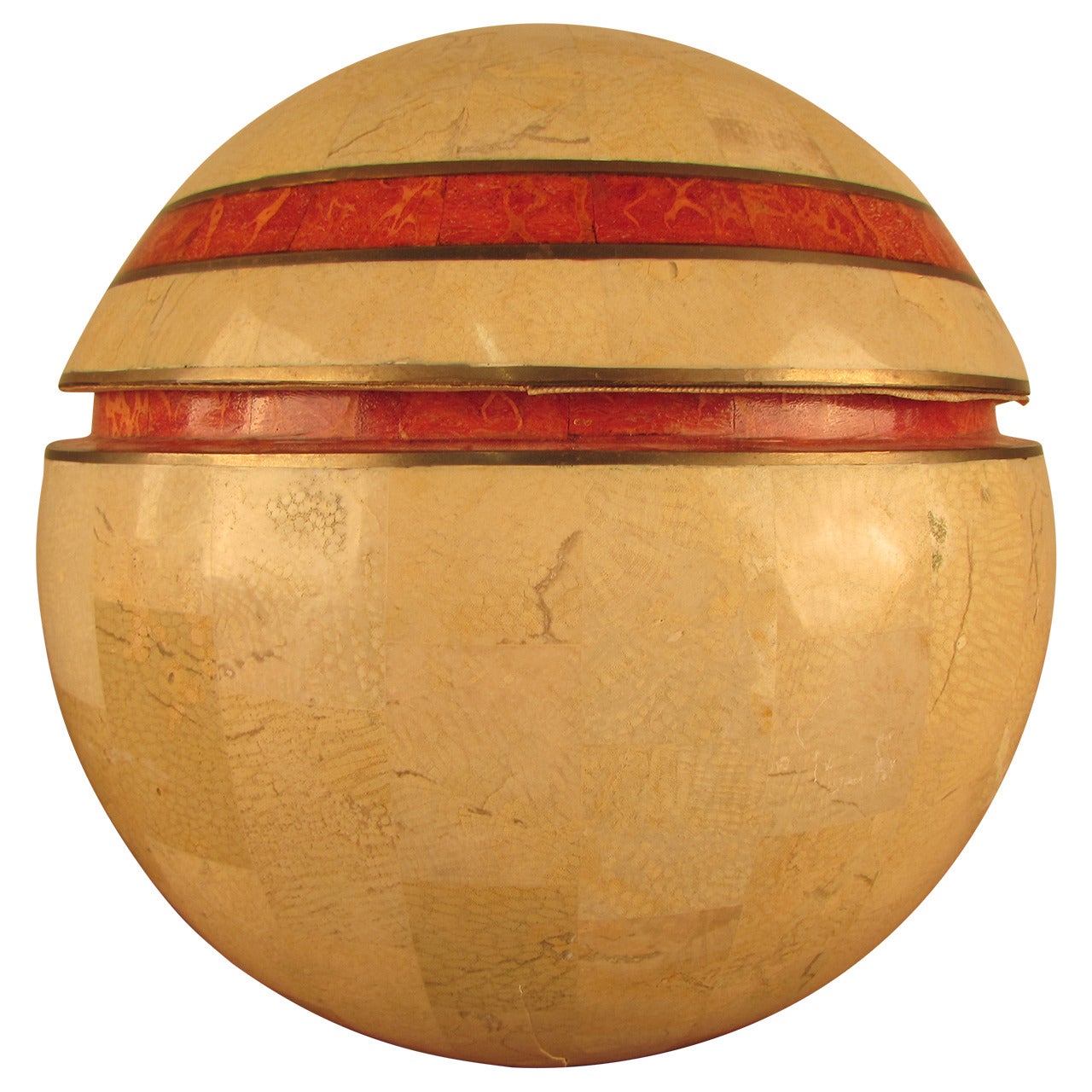 Maitland-Smith Tessellated Marble, Red Coral and Brass Spherical Large Box