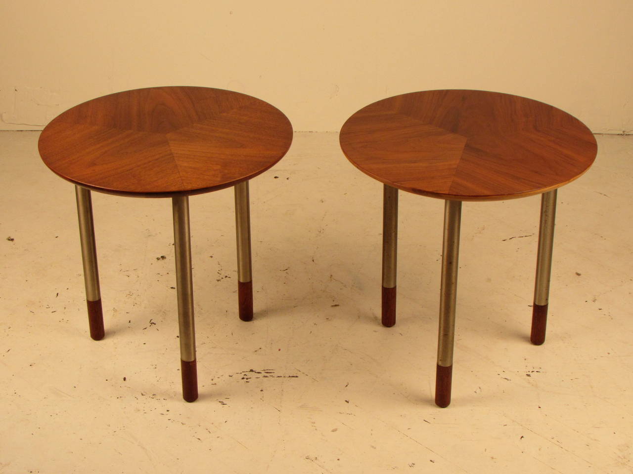 Pair of Uncommon Arne Vodder Oiled Walnut and Brushed Steel Tripod Tables