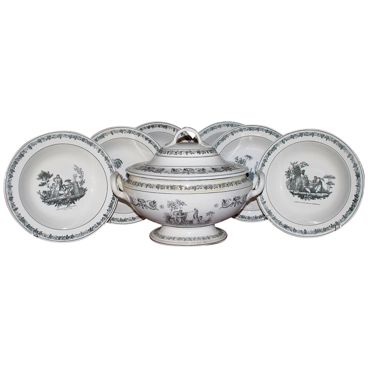 Creil Creamware Tureen with Six Soup Plates