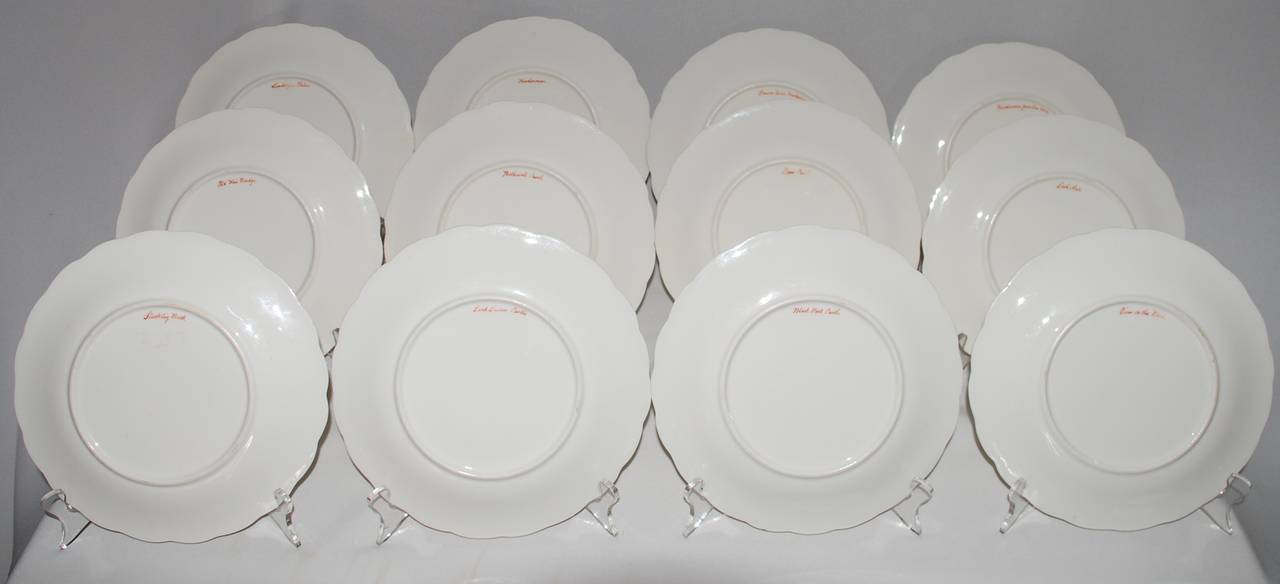 English Set of 12 Gilt-Rimmed Dessert Plates and Cake Stand with Scottish Scenes For Sale