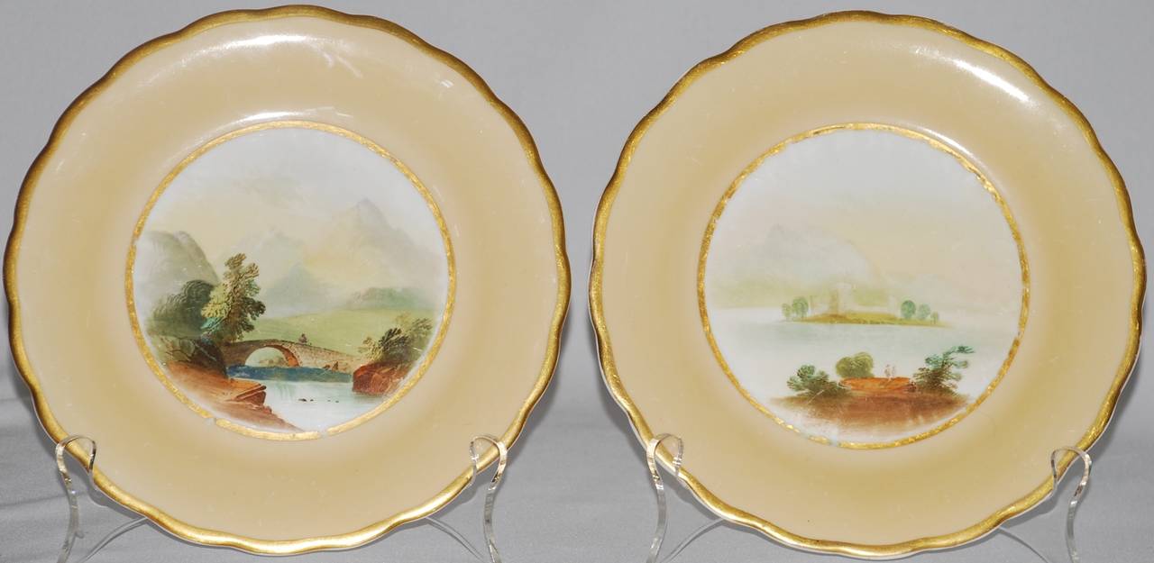 Hand-Painted Set of 12 Gilt-Rimmed Dessert Plates and Cake Stand with Scottish Scenes For Sale