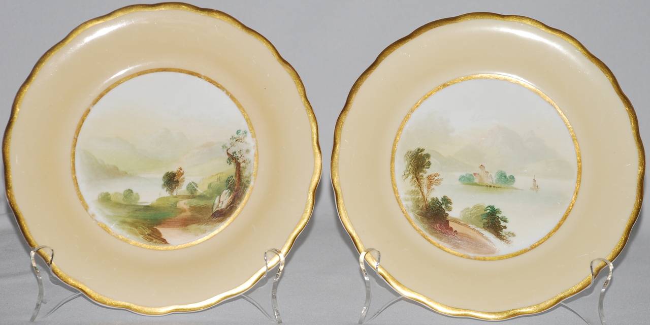Set of 12 Gilt-Rimmed Dessert Plates and Cake Stand with Scottish Scenes For Sale 1
