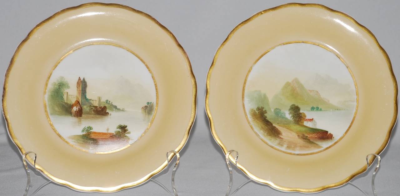 Set of 12 Gilt-Rimmed Dessert Plates and Cake Stand with Scottish Scenes For Sale 2