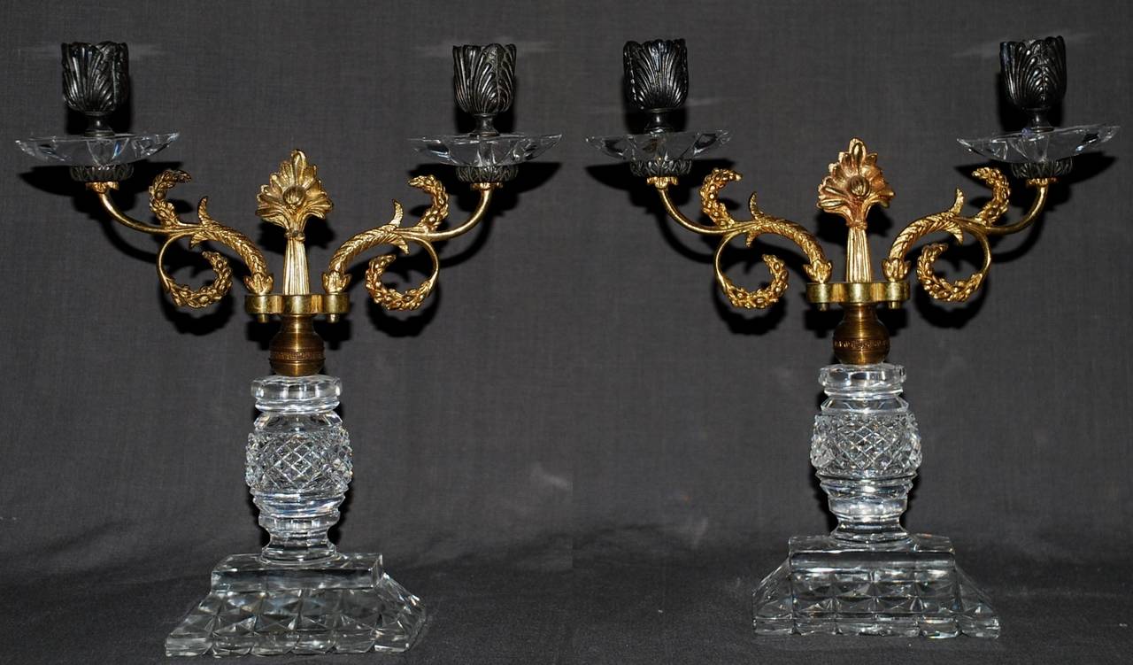 Pair of Regency Crystal, Ormolu and Bronze Candlesticks In Good Condition For Sale In New York, NY