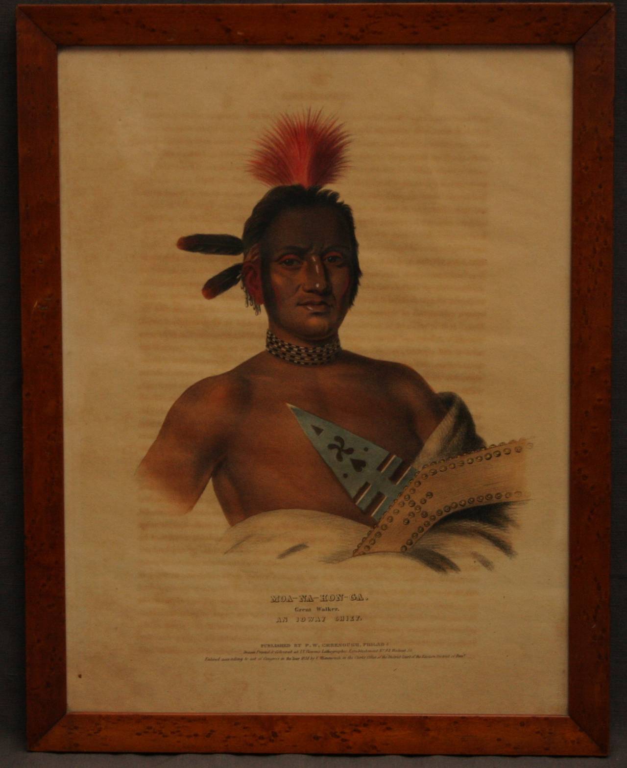 Moa-na-hon-ga. Great Walker. Ioaway Chief. McKenny and Hall hand painted lithograph dated 1838 and published by 