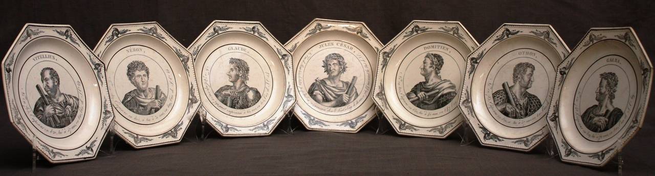 Set of seven French octagonal creamware Roman Emperor plates. Stamped M au for Montereau. 
Dimension: 8.13