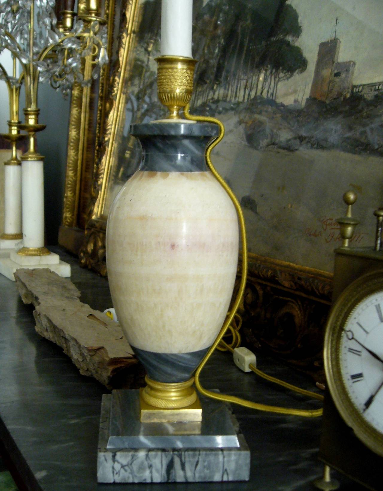 Neoclassical Pair of Blue John Marble Lamps For Sale