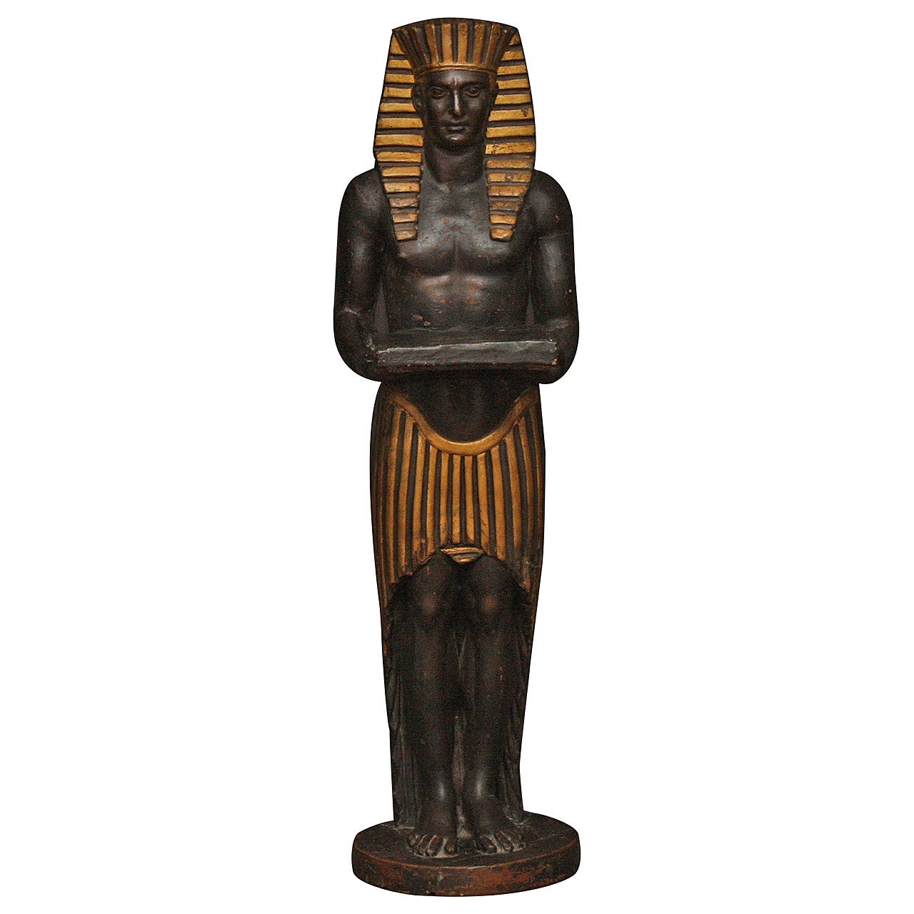 Egyptian revival drinks table. Vintage painted terracotta martini table in the Egyptian Revival style. Continental deco period kouros figure a la Antinous drinks stand / candle stand / vide poche, England, early 20th century.
Dimensions: 10.5