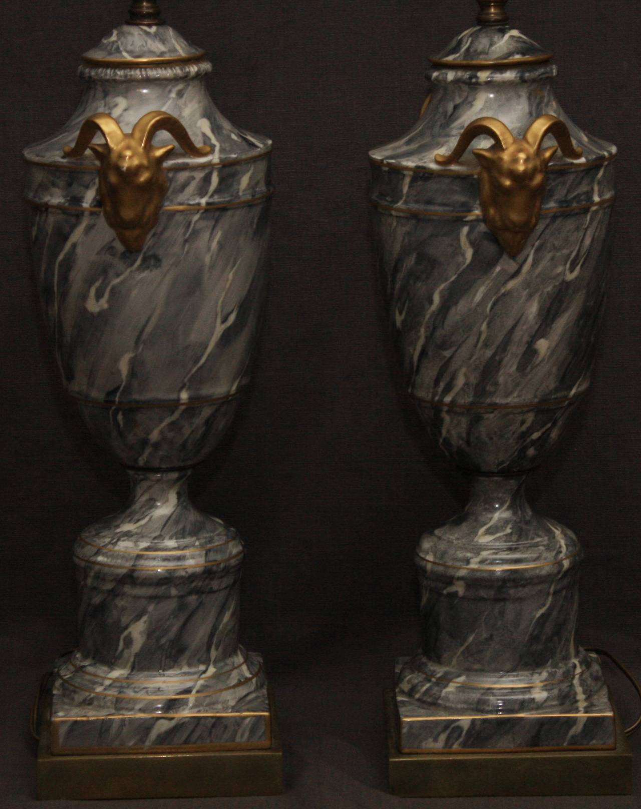 Neoclassical Pair of Grey Paris Porcelain Marbleized Urn Lamps