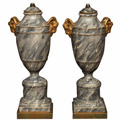 Pair of Grey Marbleized Paris Porcelain, Urn-Form Ram's Head Lamps 6