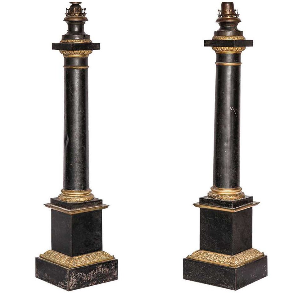 Pair of Gilt Patinated Metal Column Lamps In Good Condition In New York, NY