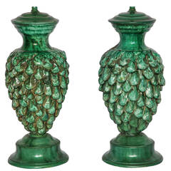 Antique Pair of Italian Green Majolica Lamps