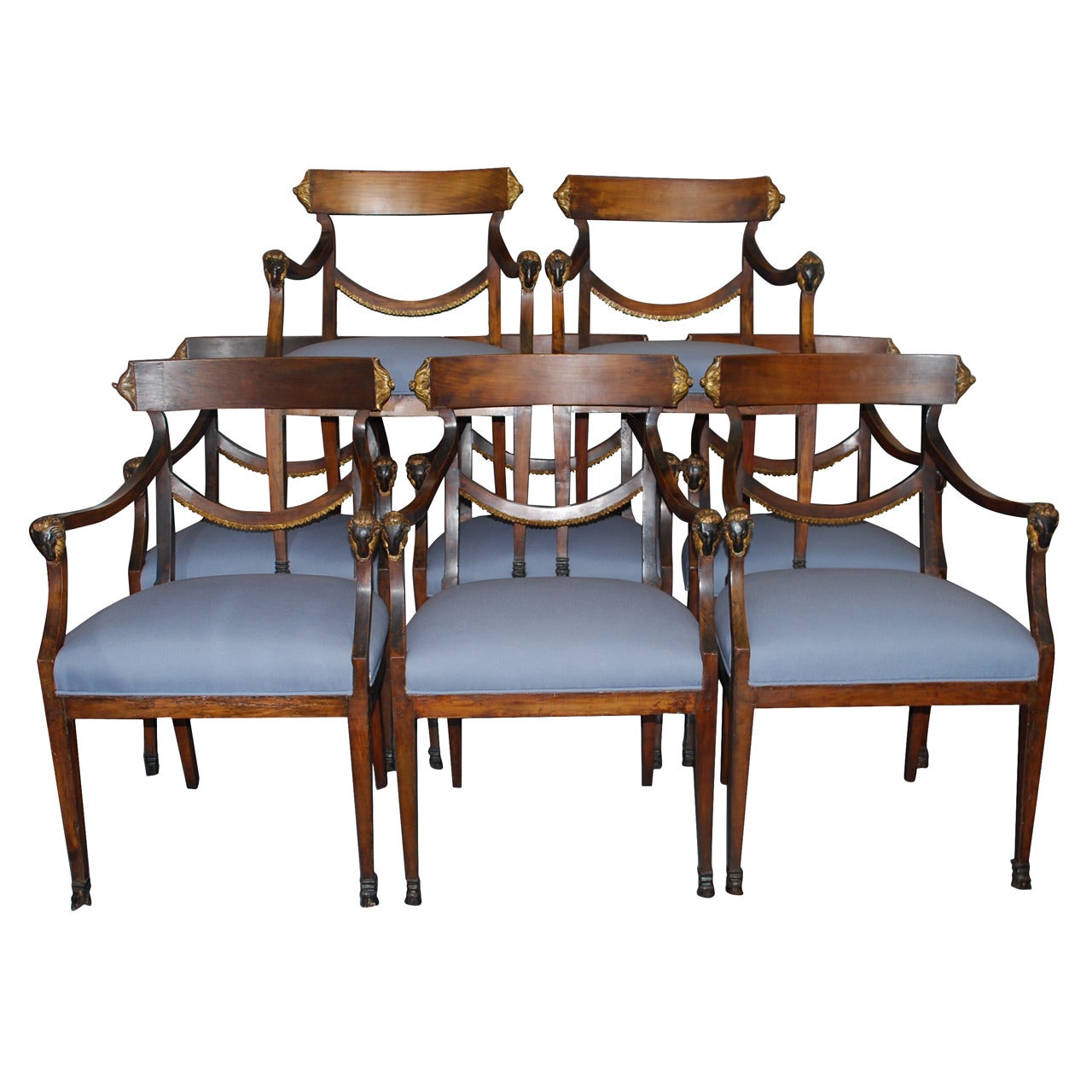 Set of Eight Italian Neoclassical Ram's Head Dining Chairs