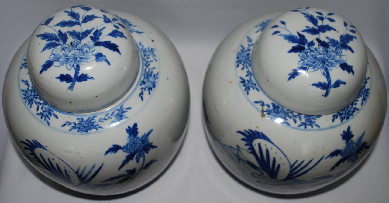 Chinese Pair of Vintage Blue and White Ginger Jars For Sale