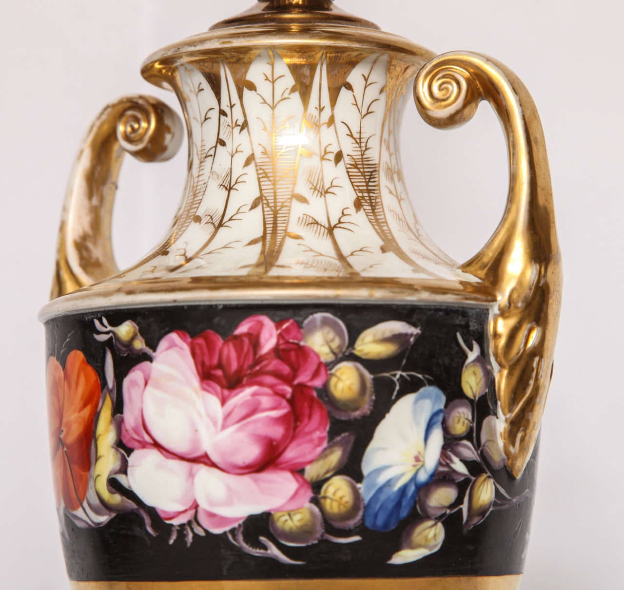 European Floral Porcelain Urn-Form Lamp For Sale