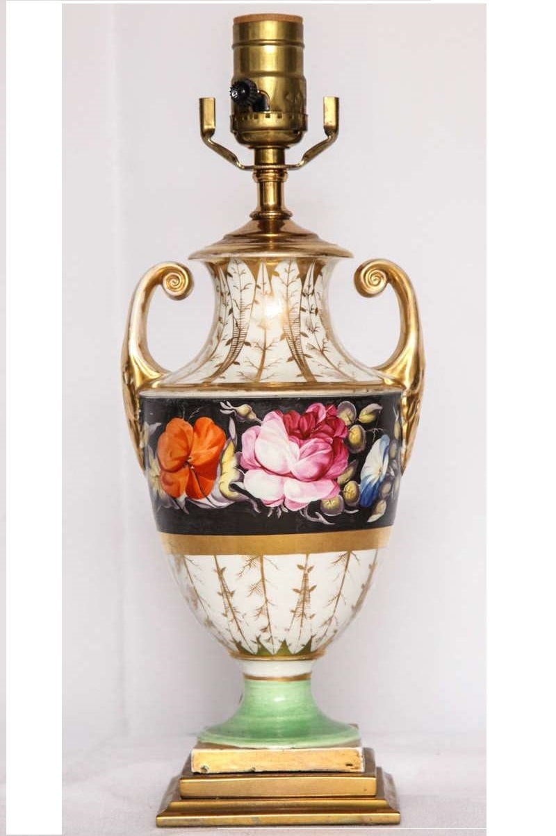 Hand-Painted Floral Porcelain Urn-Form Lamp For Sale