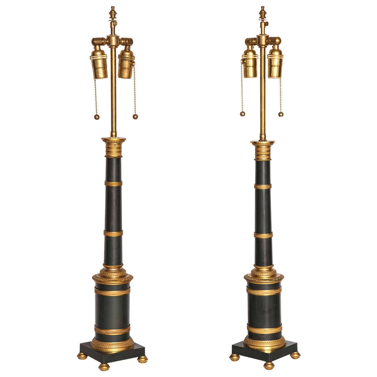 Empire Pair of Gilt and Patinated Metal Banded Column Lamps