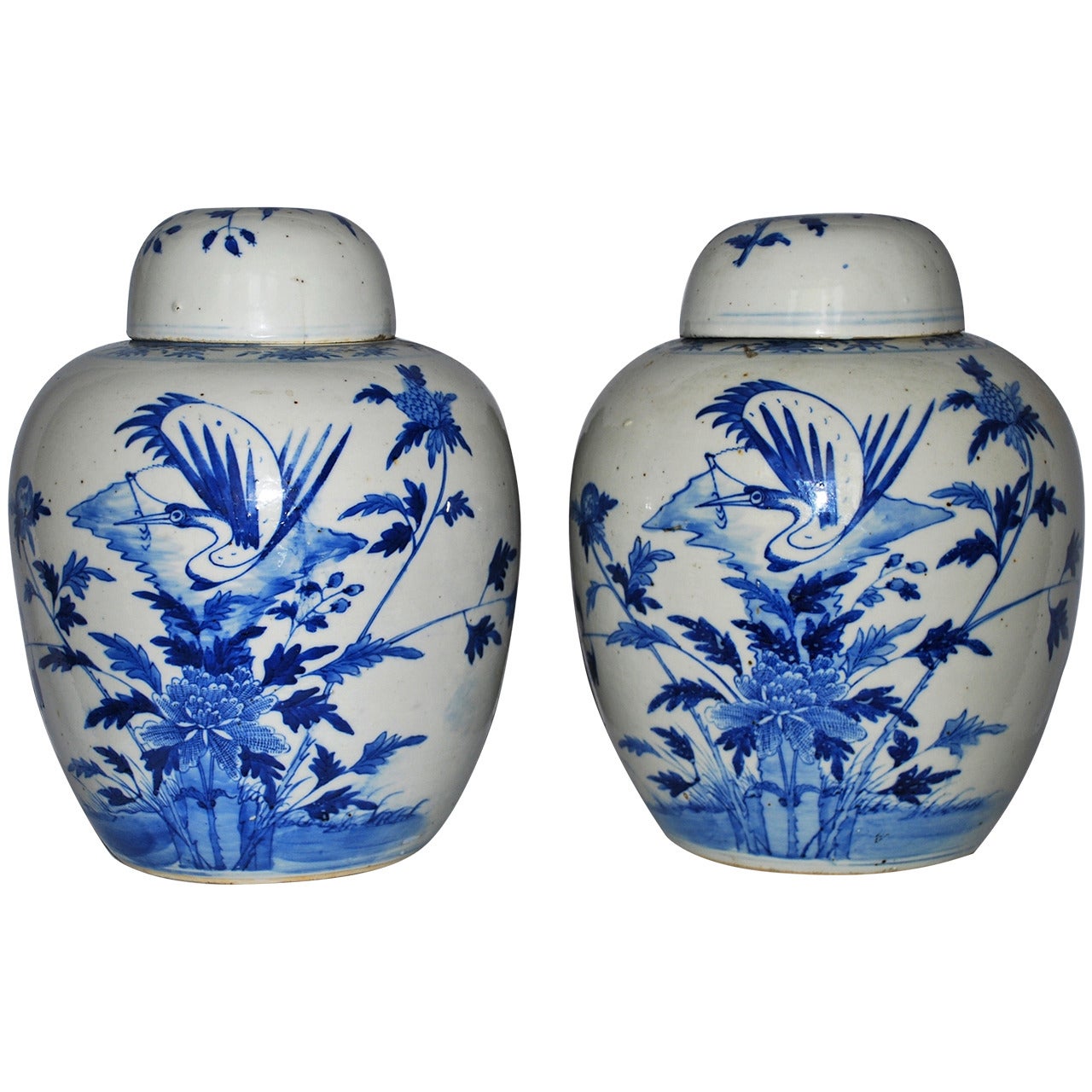 Pair of Vintage Blue and White Ginger Jars