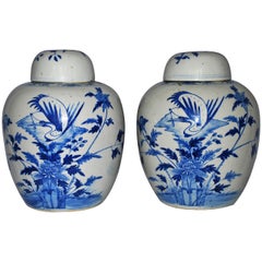 Pair of Vintage Blue and White Ginger Jars