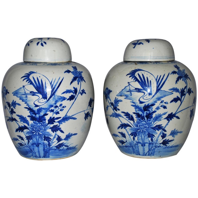 Pair of Vintage Blue and White Ginger Jars For Sale