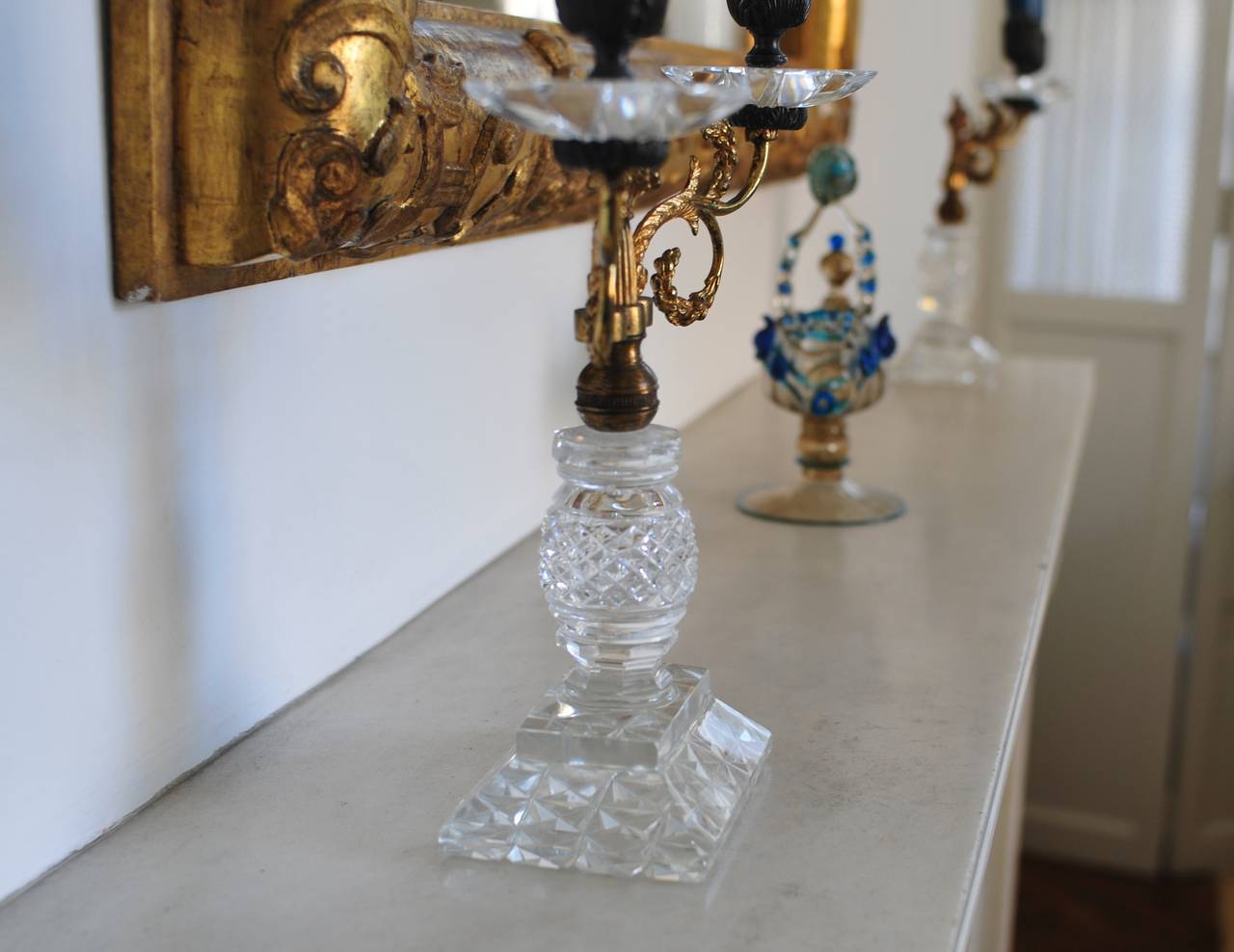 English Pair of Regency Crystal, Ormolu and Bronze Candlesticks For Sale