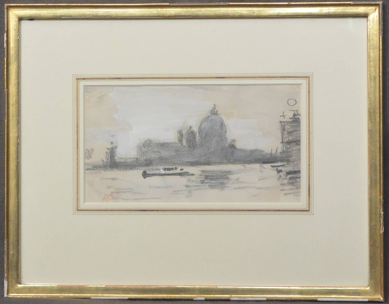 Santa Maria della Salute drawing by Hercules Brabazon Brabazon (1821-1906).
Crayon and pencil on tinted paper in water-gilt frame. Signed with initials HBB inscribed in artist's hand.
Dimension: Frame 12.75
