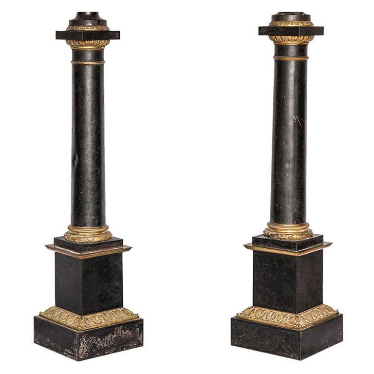 French Pair of Gilt Patinated Metal Column Lamps