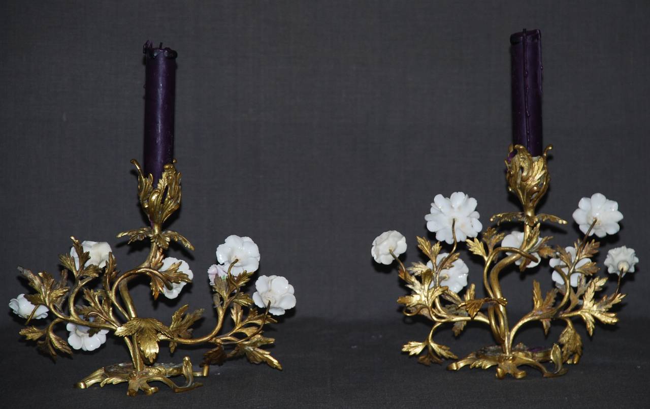 Pair Louis XV Porcelain Flower Ormolu Candlesticks For Sale 1