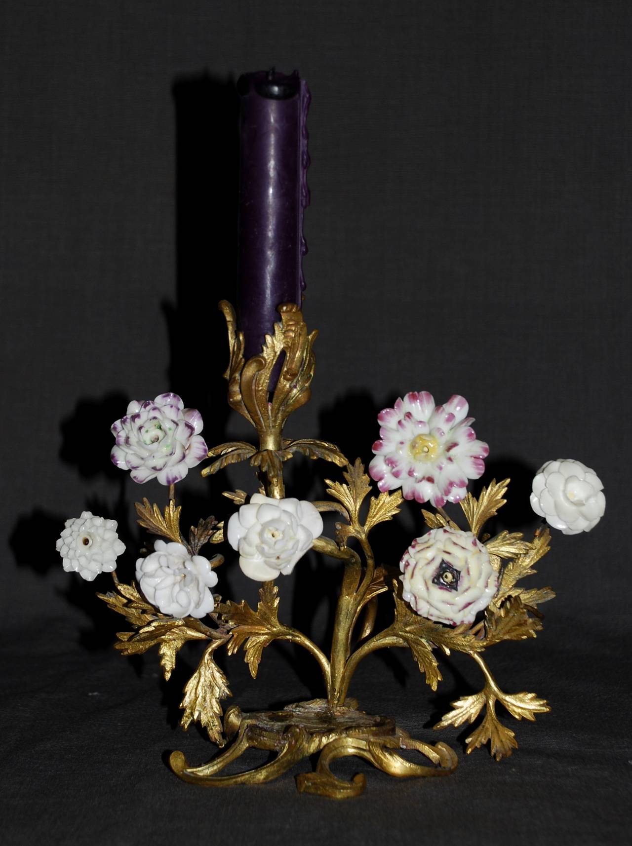 French Pair Louis XV Porcelain Flower Ormolu Candlesticks For Sale