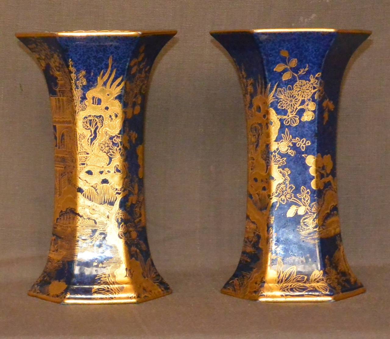 Pair of Hexagonal Chinoiserie Blue and Gold Vases at 1stdibs
