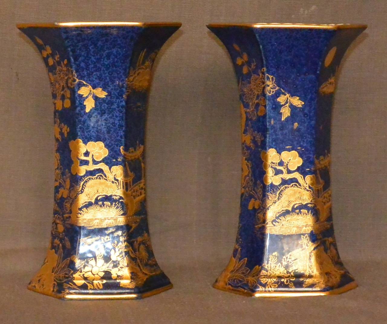 English Pair of Hexagonal Chinoiserie Blue and Gold Vases