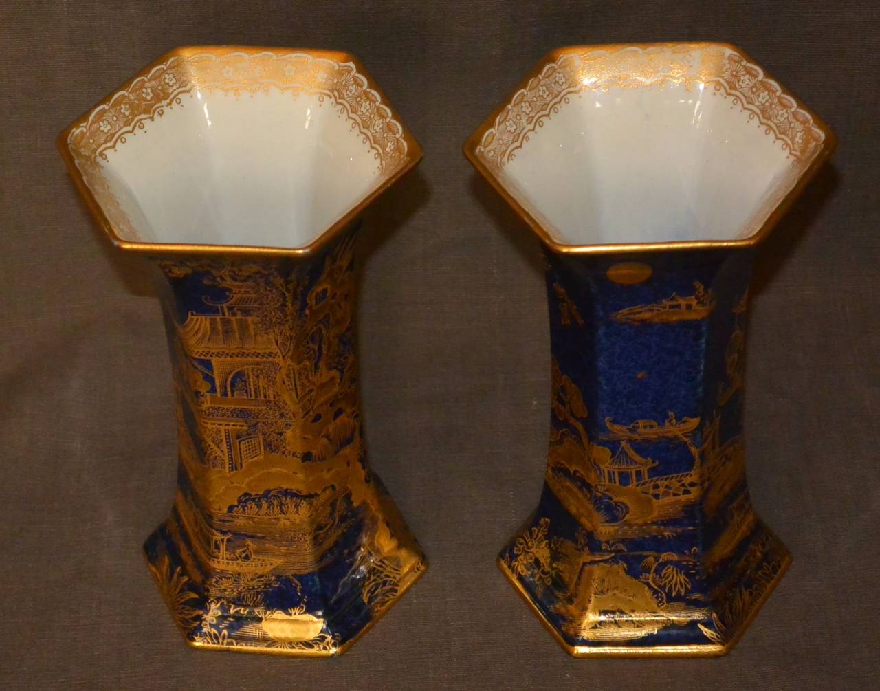 20th Century Pair of Hexagonal Chinoiserie Blue and Gold Vases
