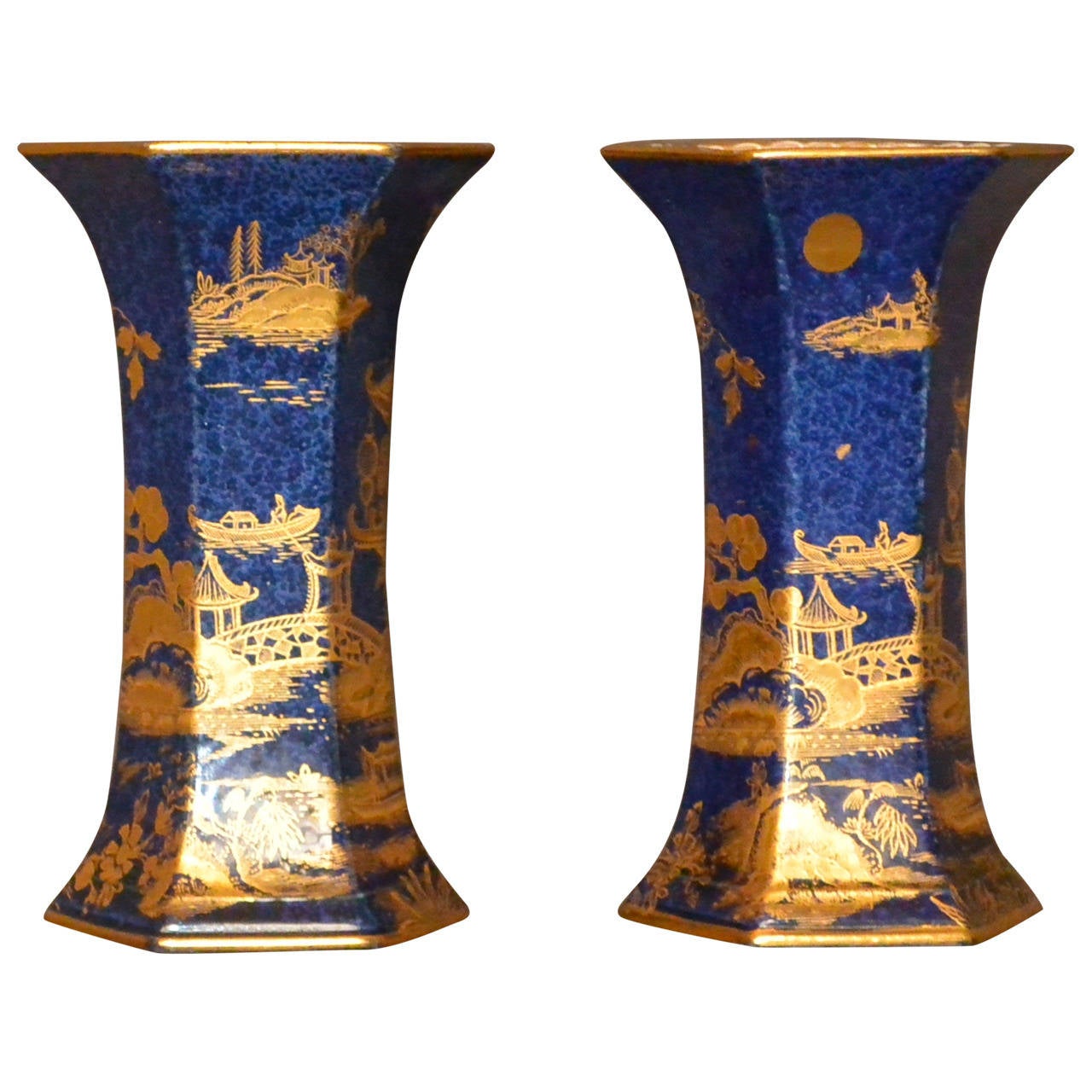 Pair of Hexagonal Chinoiserie Blue and Gold Vases at 1stdibs
