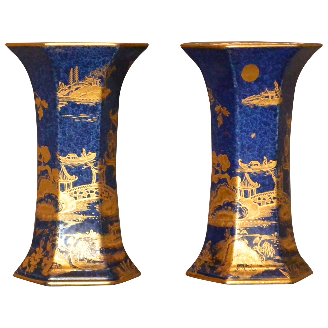 Pair of Hexagonal Chinoiserie Blue and Gold Vases