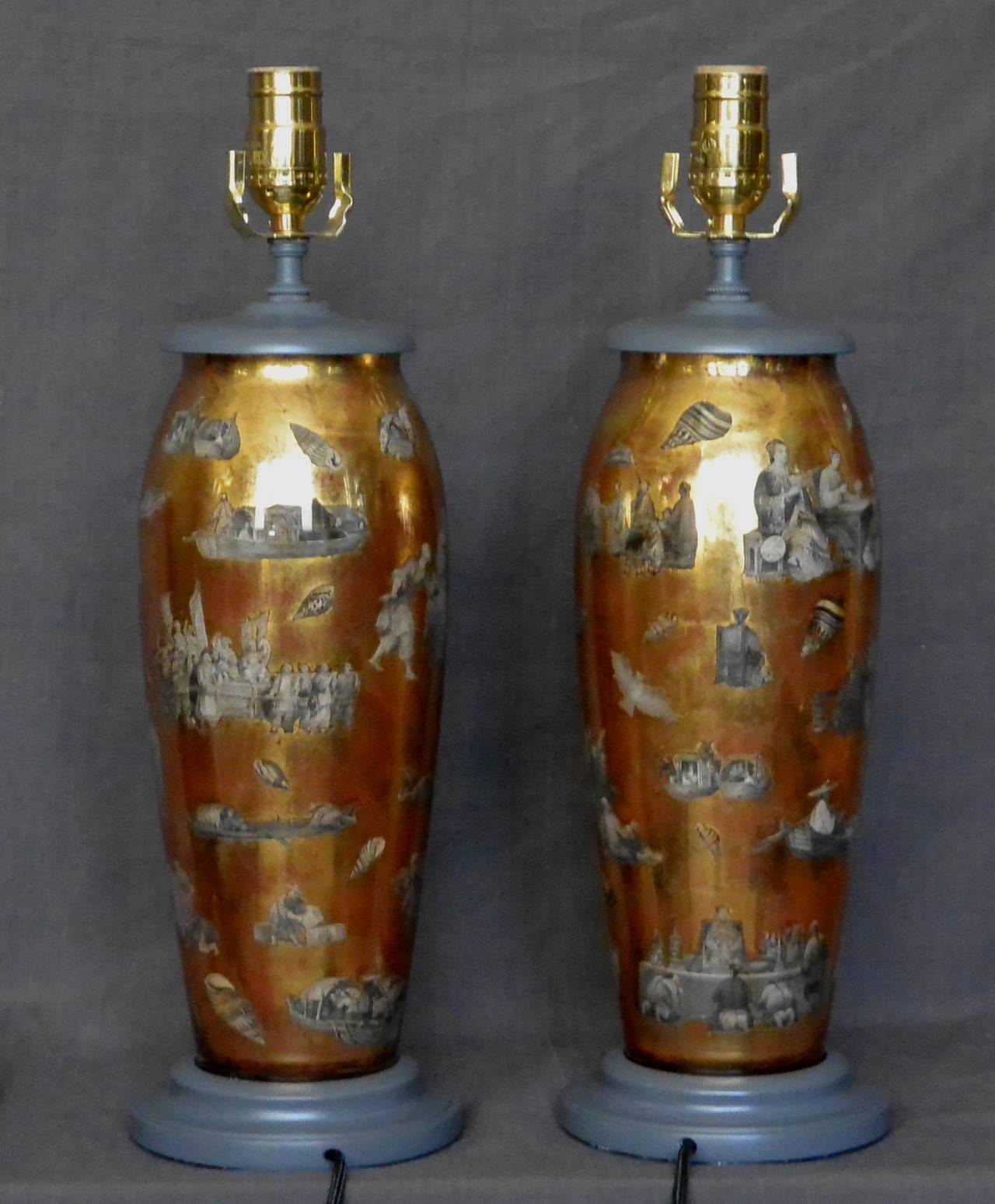 Glass Pair of Chinoiserie Decalcomania Lamps For Sale
