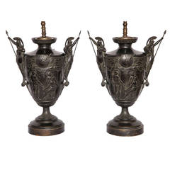 Exceptional Pair Beaux-Art Patinated Bronze Urn-Form Lamps