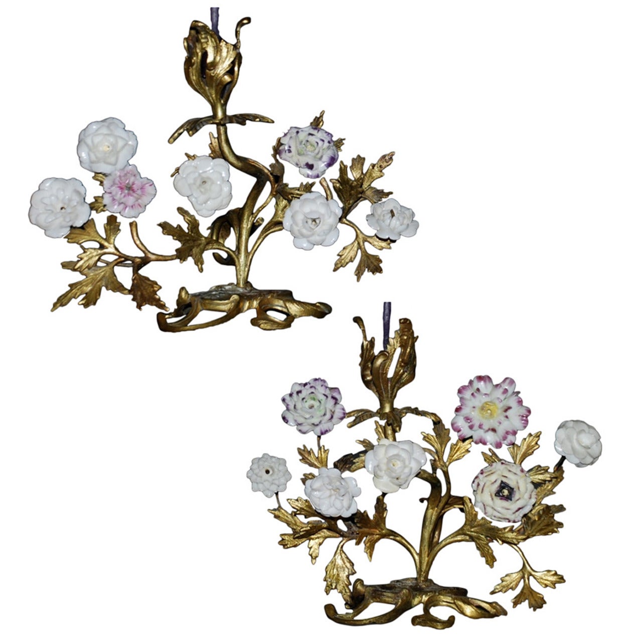 Pair Louis XV Porcelain Flower Ormolu Candlesticks