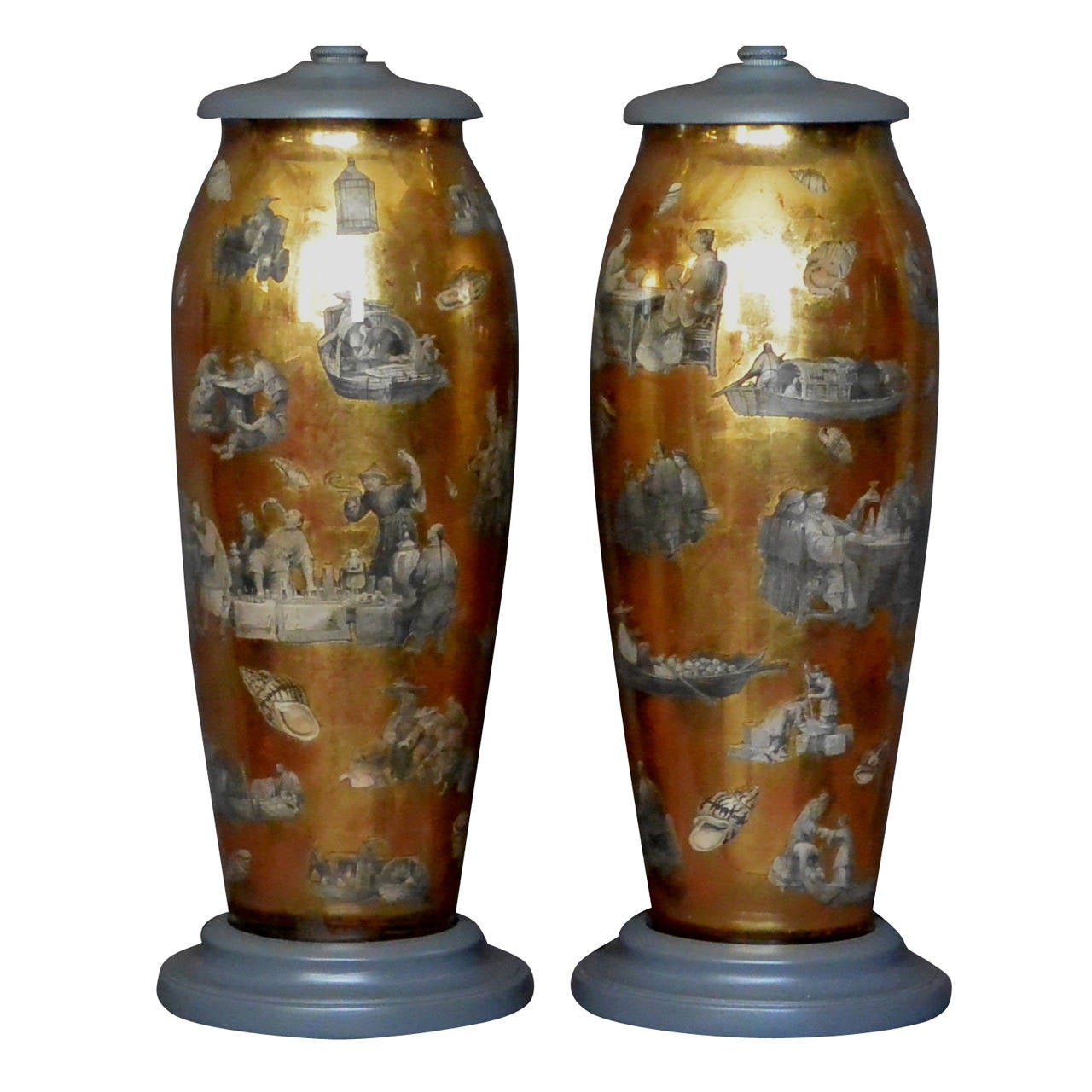 Paar Chinoiserie-Decalcomania-Lampen im Angebot