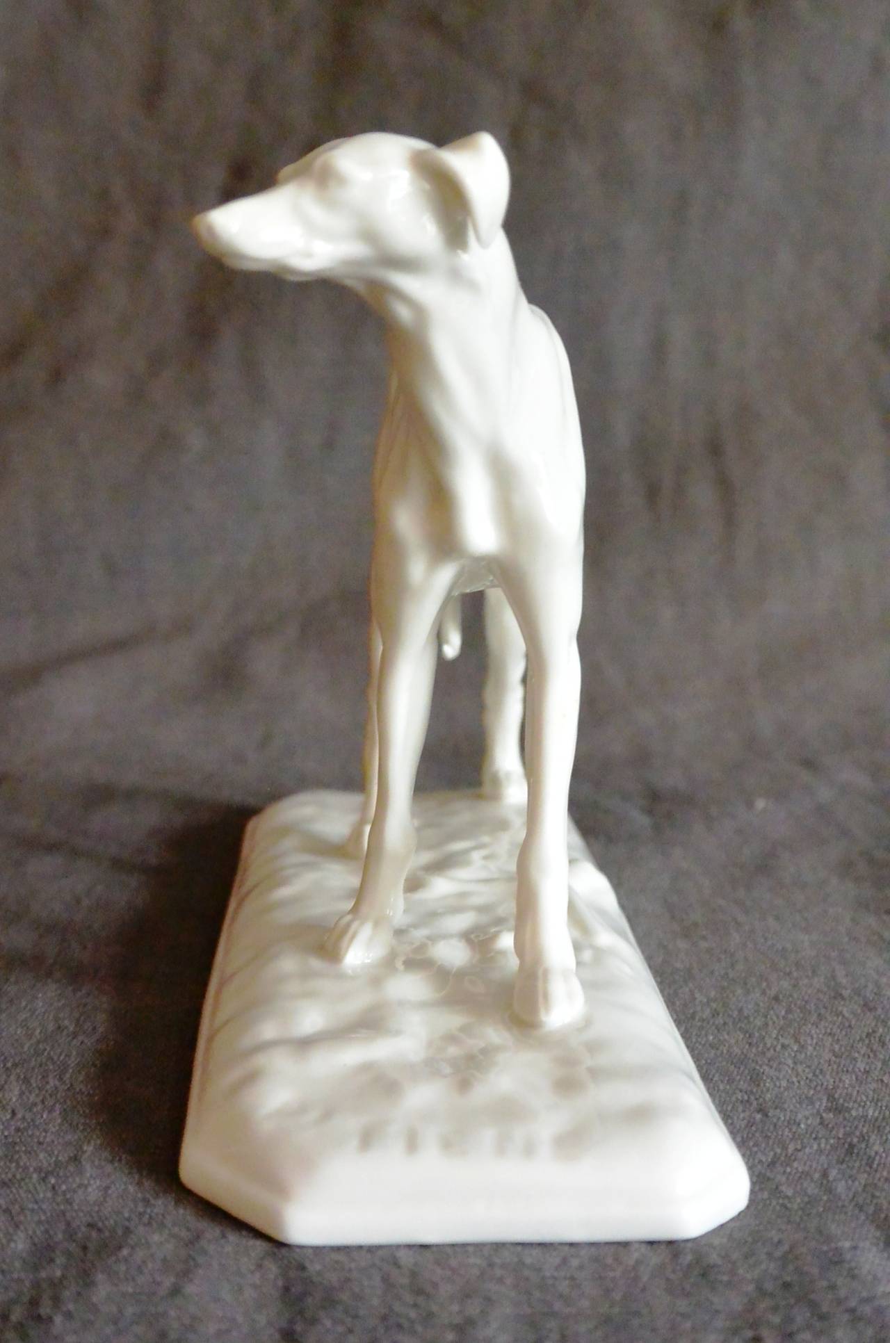 Nymphenburg white porcelain greyhound; after the model of the dog by French sculptor Pierre Jules Mene. 
Dimension: 6