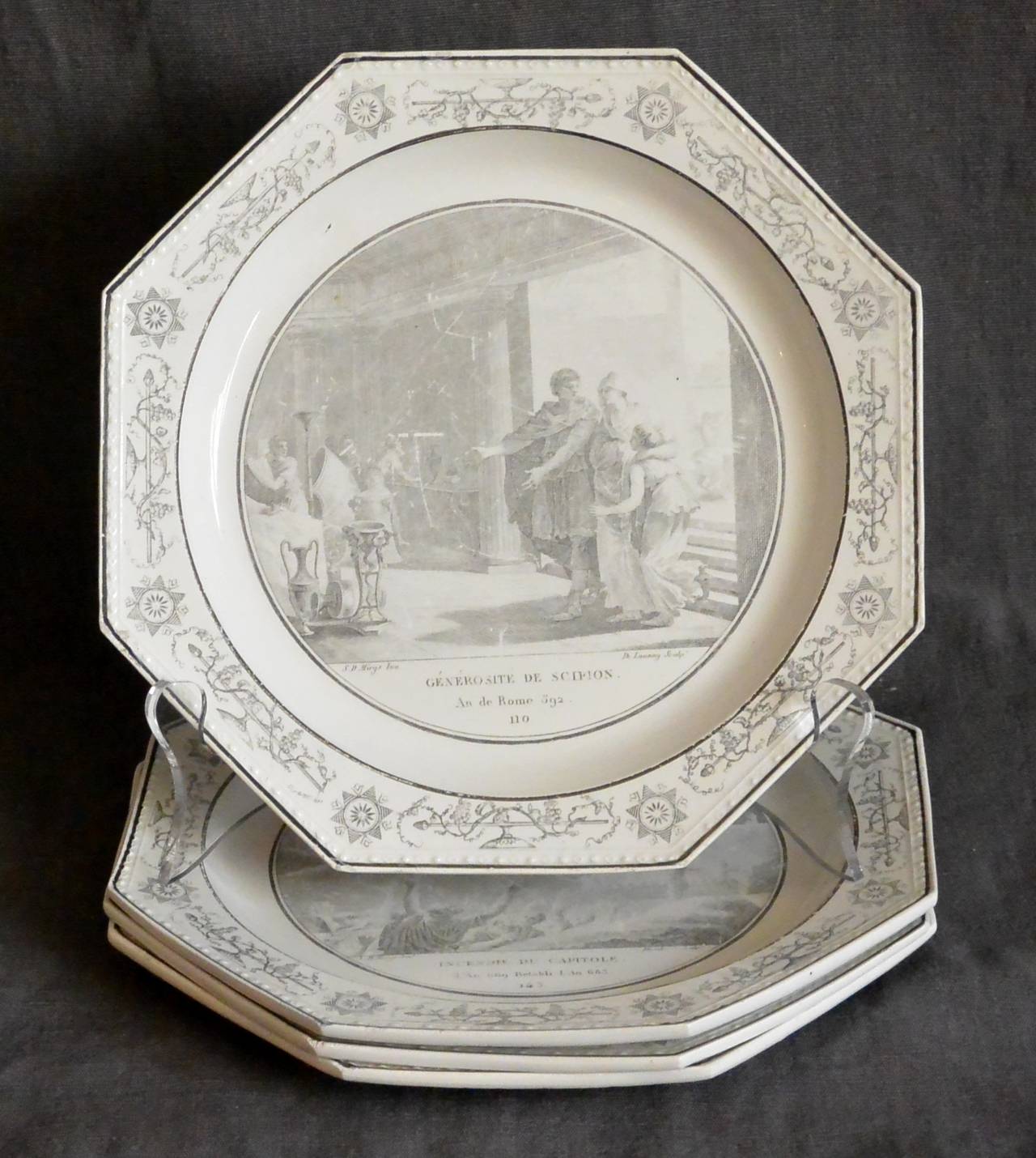 Set of four antique neoclassical octagonal creamware plates from the 