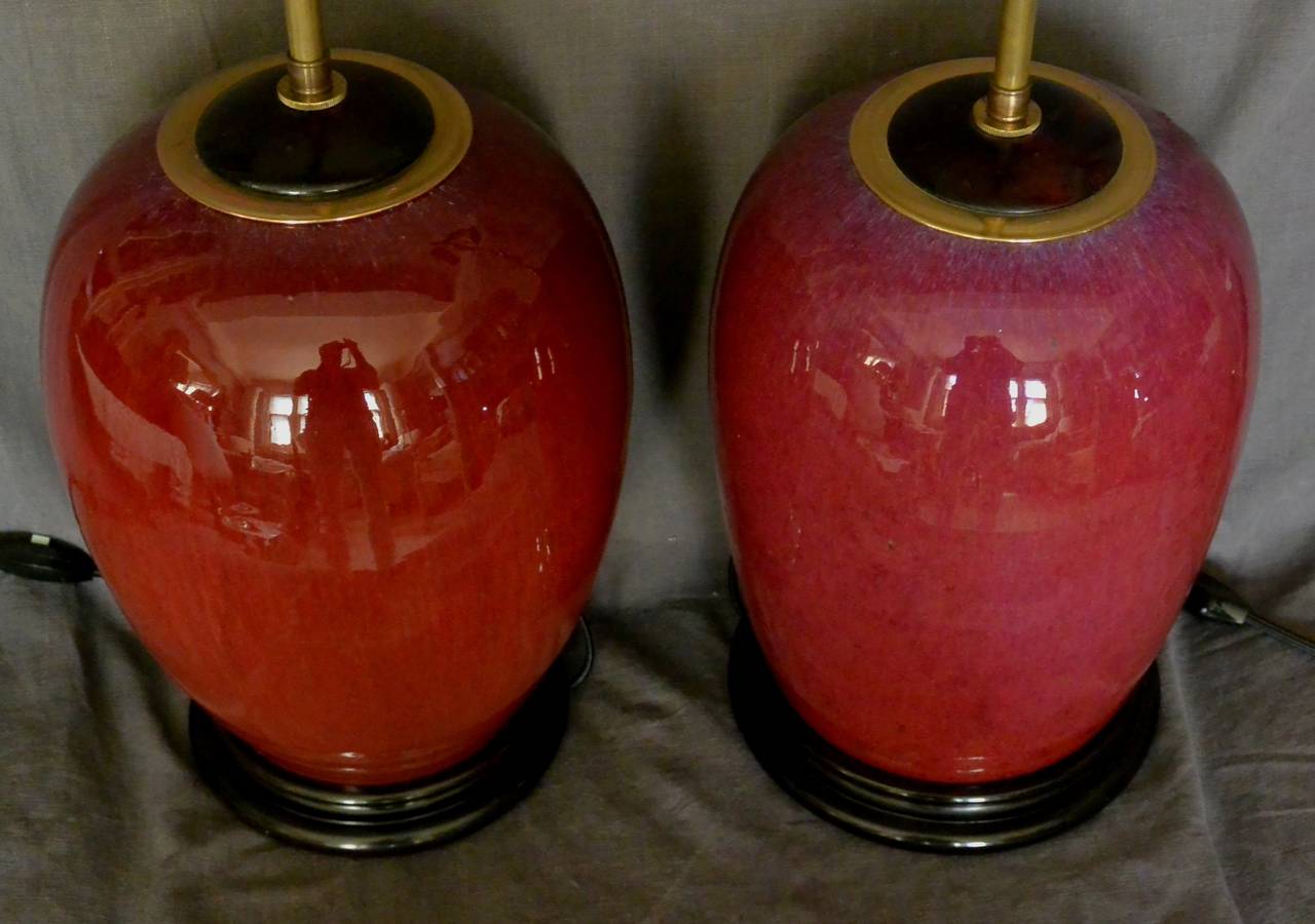 Pair of Red Chinese Flambe Sang De Boeuf Lamps In Excellent Condition In New York, NY