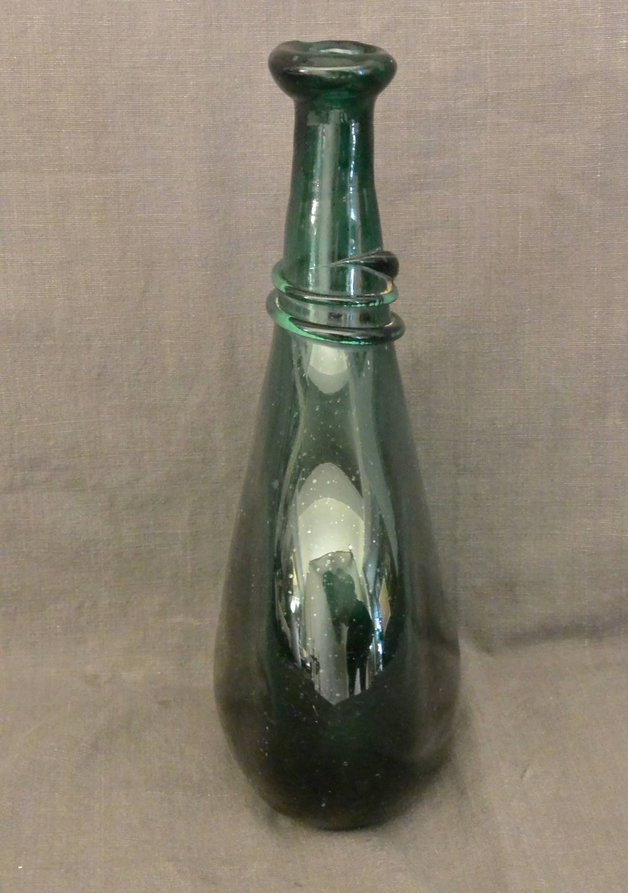 18th Century Italian Green Glass Pontil Saddle Flask