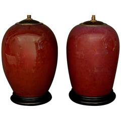 Pair of Red Chinese Flambe Sang De Boeuf Lamps