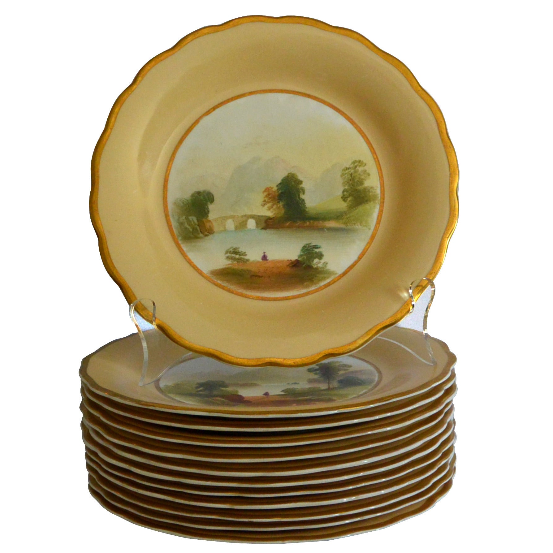 Set of 12 Gilt-Rimmed Dessert Plates and Cake Stand with Scottish Scenes